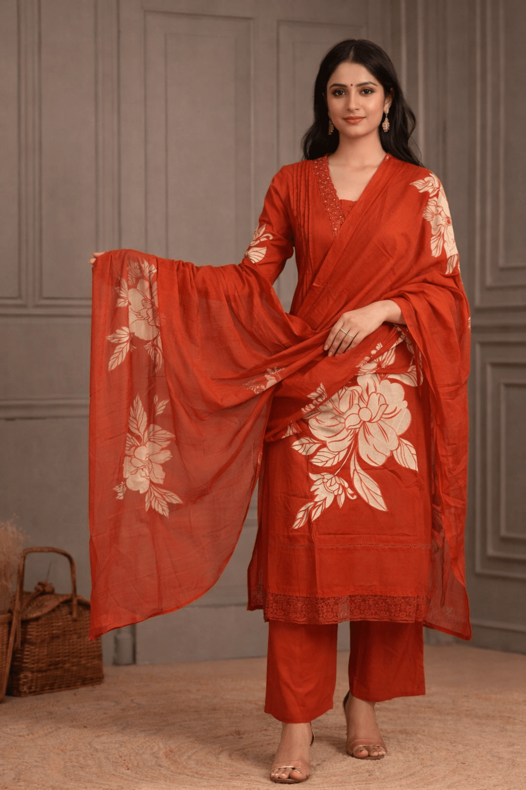 Rust Orange Floral Printed Kurta Palazzo Set with Dupatta (SWDH26) - SortedMart