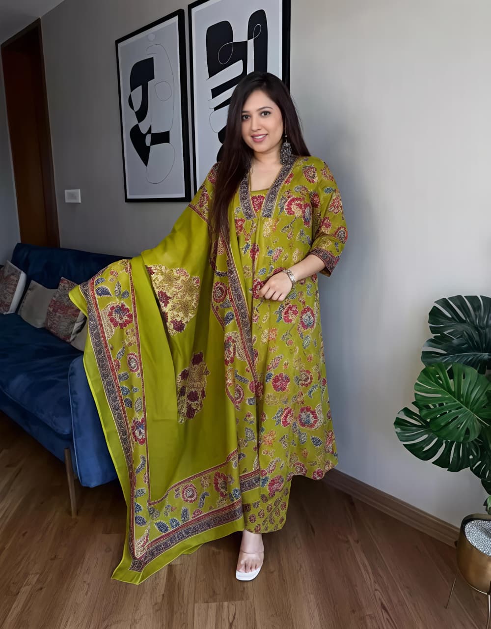 Stylish Olive Green Floral Kurta & Dupatta Set for Festive and Daily Wear(SWSK37) - SortedMart