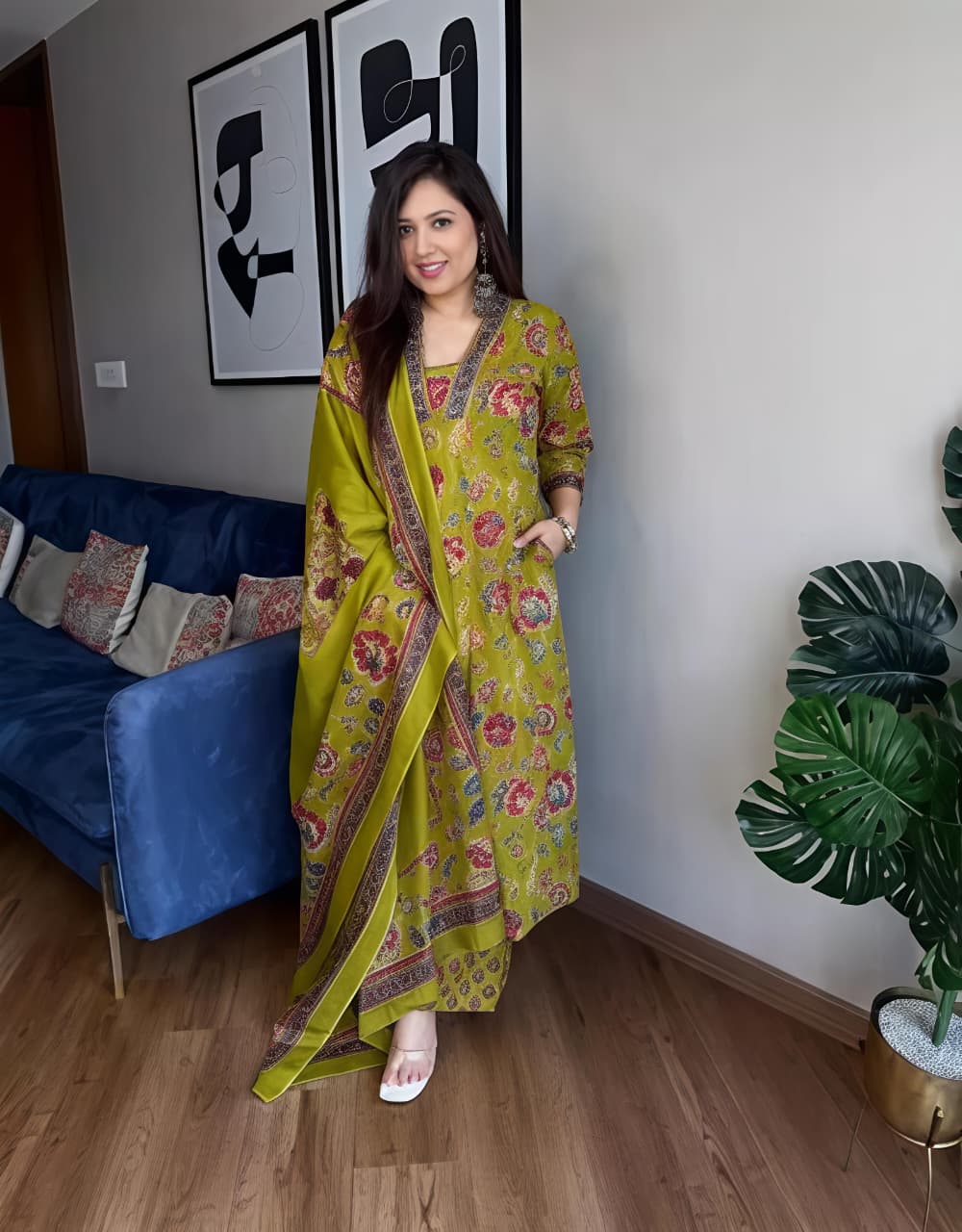Stylish Olive Green Floral Kurta & Dupatta Set for Festive and Daily Wear(SWSK37) - SortedMart