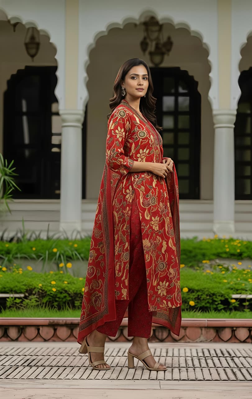 Stylish Olive Green Floral Kurta & Dupatta Set for Festive and Daily Wear(SWSK37) - SortedMart