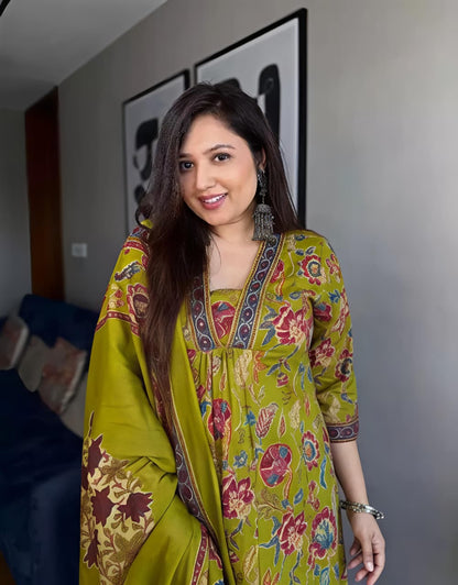 Stylish Olive Green Floral Kurta & Dupatta Set for Festive and Daily Wear(SWSK37) - SortedMart