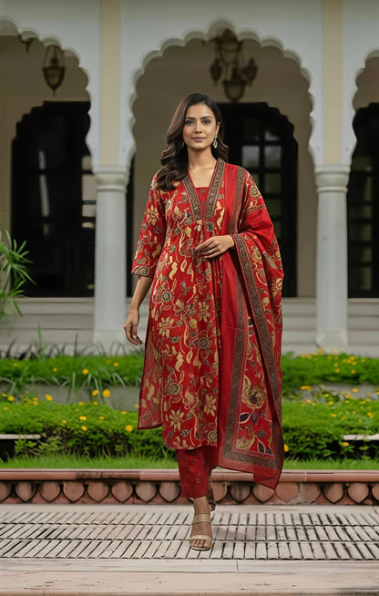 Stylish Olive Green Floral Kurta & Dupatta Set for Festive and Daily Wear(SWSK37) - SortedMart