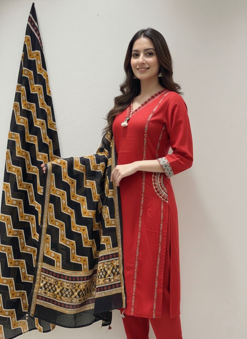 Women’s Embroidered Kurta Pant Set with Dupatta (RD33) - SortedMart