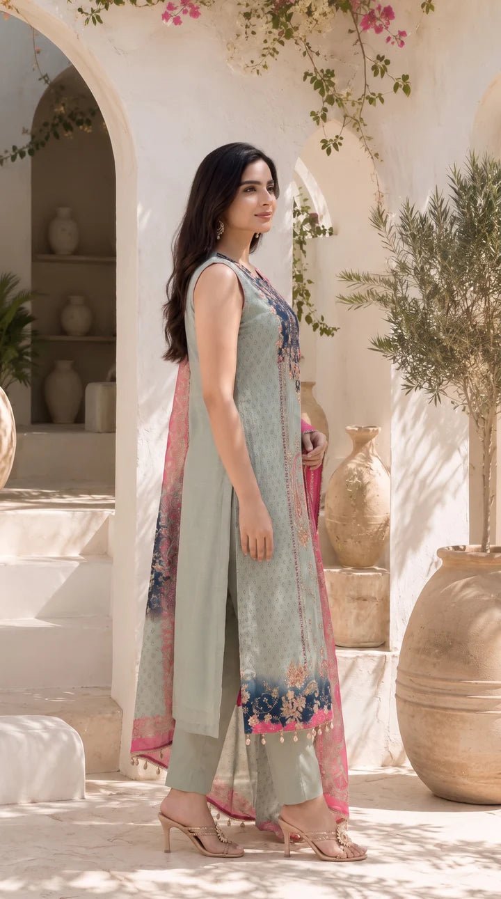 Women's Mint Green Floral Printed Straight Kurta Set with Contrast Pink Dupatta - SortedMart