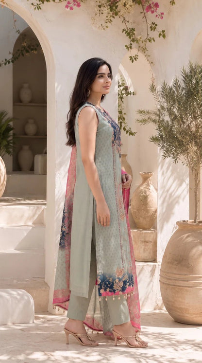 Women's Mint Green Floral Printed Straight Kurta Set with Contrast Pink Dupatta - SortedMart