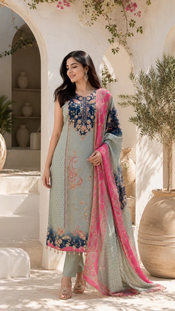 Women's Mint Green Floral Printed Straight Kurta Set with Contrast Pink Dupatta - SortedMart
