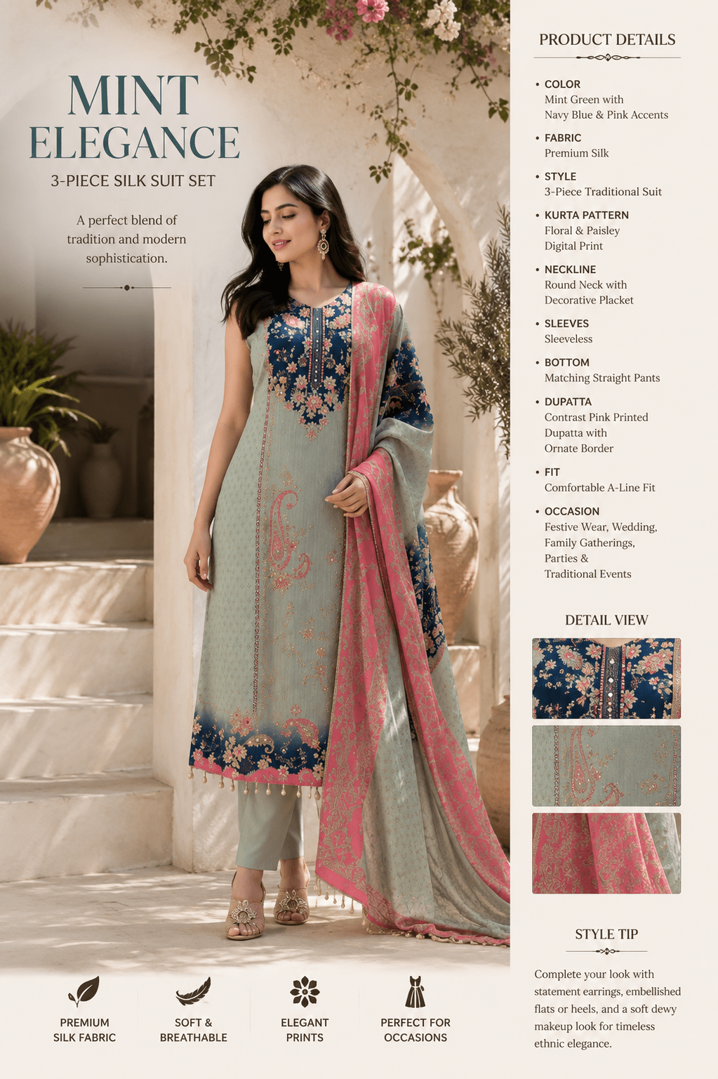Women's Mint Green Floral Printed Straight Kurta Set with Contrast Pink Dupatta - SortedMart
