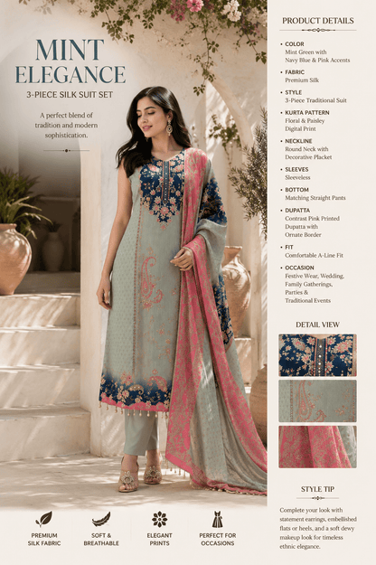 Women's Mint Green Floral Printed Straight Kurta Set with Contrast Pink Dupatta - SortedMart