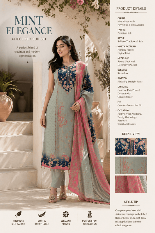 Women's Mint Green Floral Printed Straight Kurta Set with Contrast Pink Dupatta - SortedMart