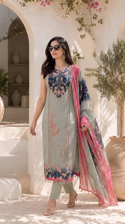 Women's Mint Green Floral Printed Straight Kurta Set with Contrast Pink Dupatta - SortedMart