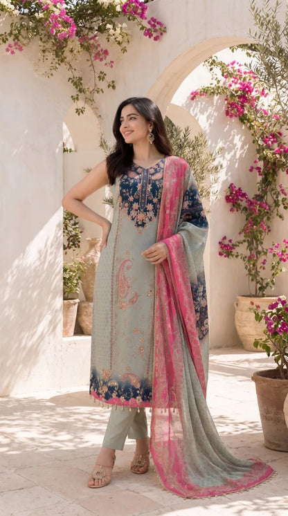 Women's Mint Green Floral Printed Straight Kurta Set with Contrast Pink Dupatta - SortedMart