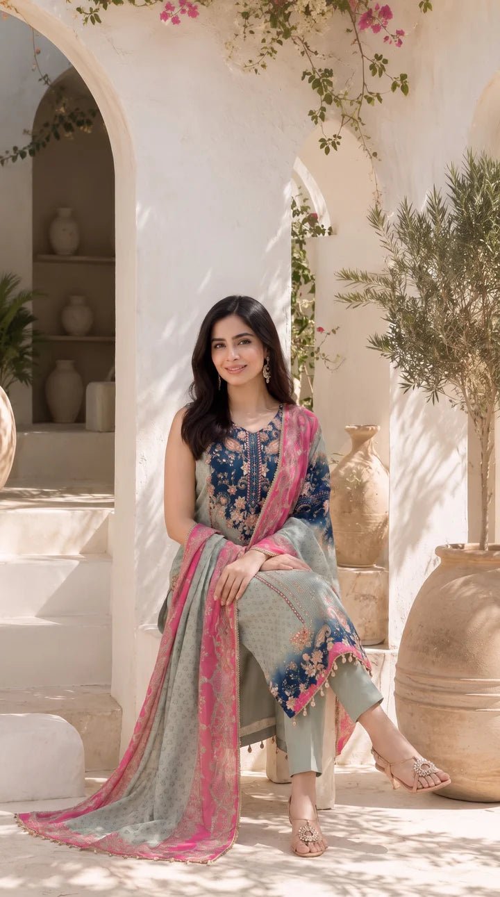 Women's Mint Green Floral Printed Straight Kurta Set with Contrast Pink Dupatta - SortedMart