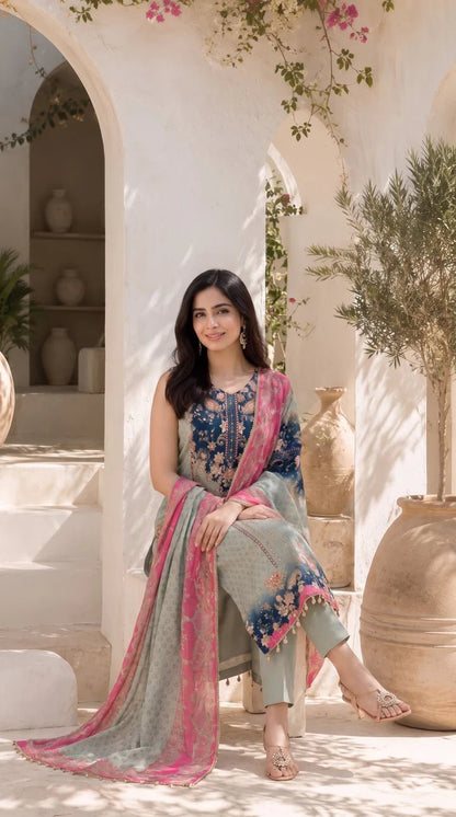 Women's Mint Green Floral Printed Straight Kurta Set with Contrast Pink Dupatta - SortedMart